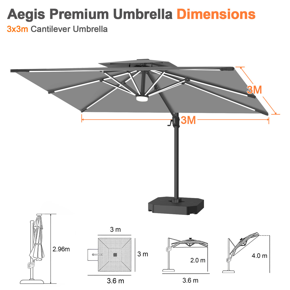 Patioslife Aegis Premium Cantilever Parasol with LED Strip Lights, Fibreglass Ribs & Powder-Coated Aluminium Pole — Luxury Garden & Patio Shade