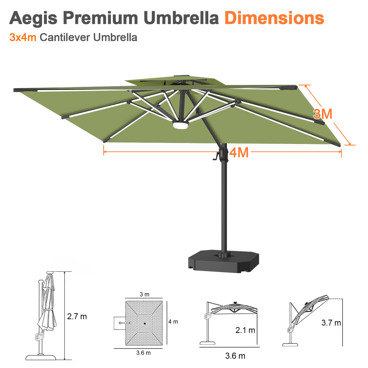 Patioslife Aegis Premium Cantilever Parasol with LED Strip Lights, Fibreglass Ribs & Powder-Coated Aluminium Pole — Luxury Garden & Patio Shade