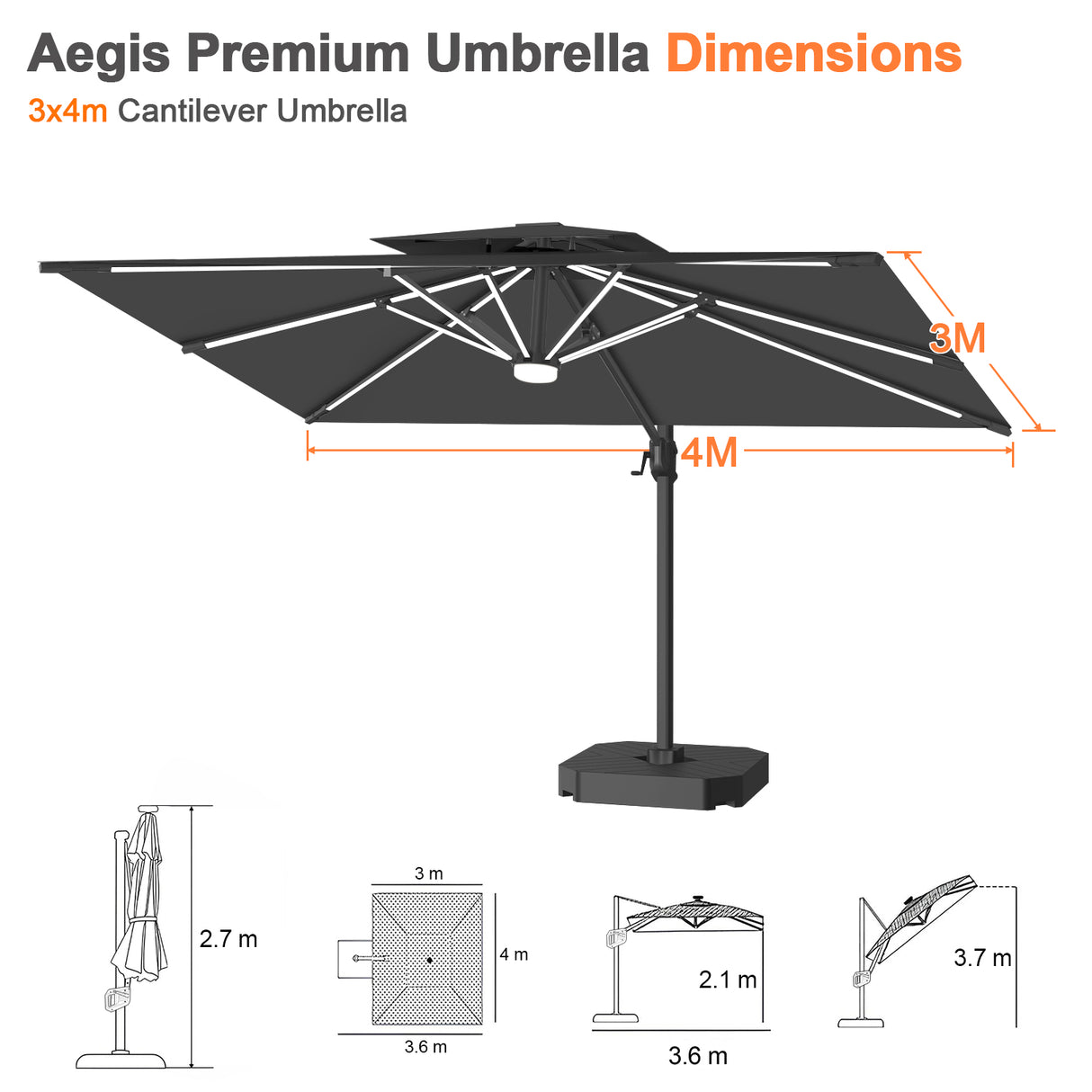 Patioslife Aegis Premium Cantilever Parasol with LED Strip Lights, Fibreglass Ribs & Powder-Coated Aluminium Pole — Luxury Garden & Patio Shade