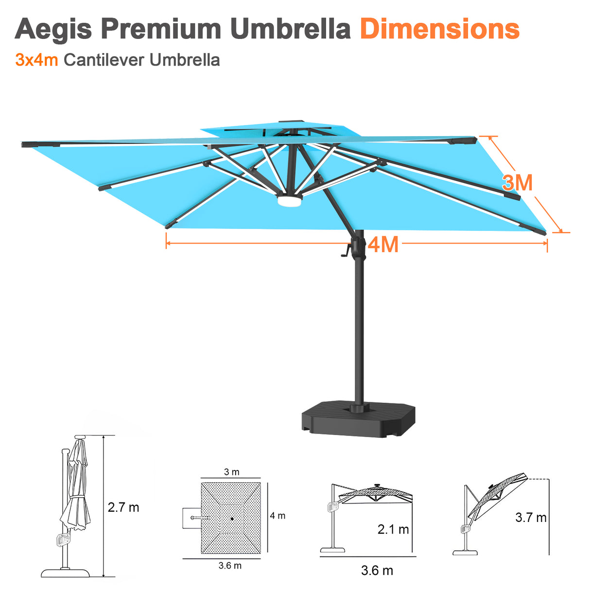 Patioslife Aegis Premium Cantilever Parasol with LED Strip Lights, Fibreglass Ribs & Powder-Coated Aluminium Pole — Luxury Garden & Patio Shade