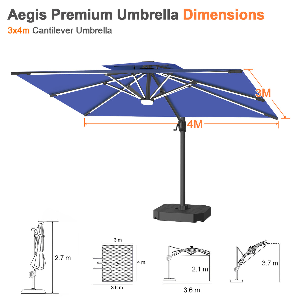 Patioslife Aegis Premium Cantilever Parasol with LED Strip Lights, Fibreglass Ribs & Powder-Coated Aluminium Pole — Luxury Garden & Patio Shade