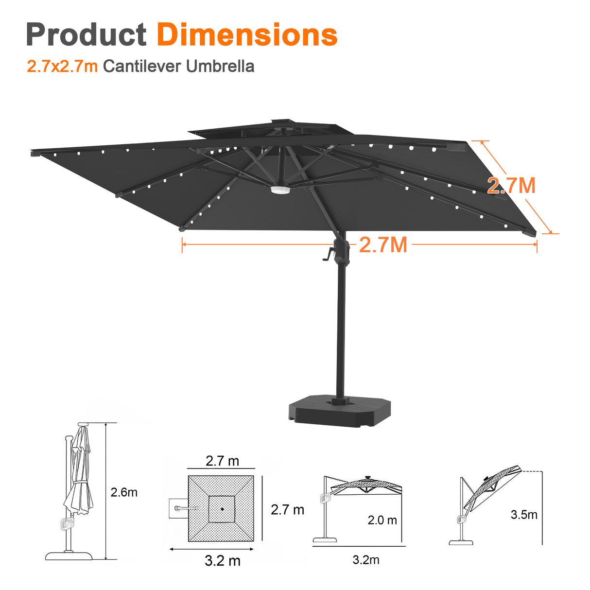 Patioslife Aegis Pro All-weather Cantilever Parasol with LED Lights, Reinforced & Powder-Coated Aluminium Ribs and Pole — Perfect for Garden & Patio