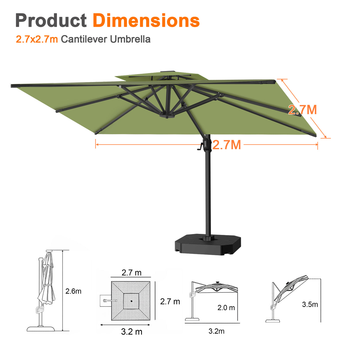 Patioslife Aegis Pro All-weather Cantilever Parasol , Reinforced & Powder-Coated Aluminium Ribs and Pole — Perfect for Garden & Patio