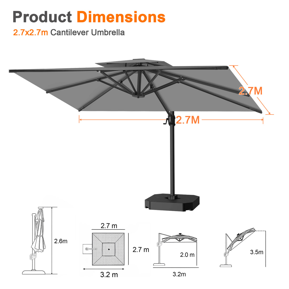 Patioslife Aegis Pro All-weather Cantilever Parasol , Reinforced & Powder-Coated Aluminium Ribs and Pole — Perfect for Garden & Patio