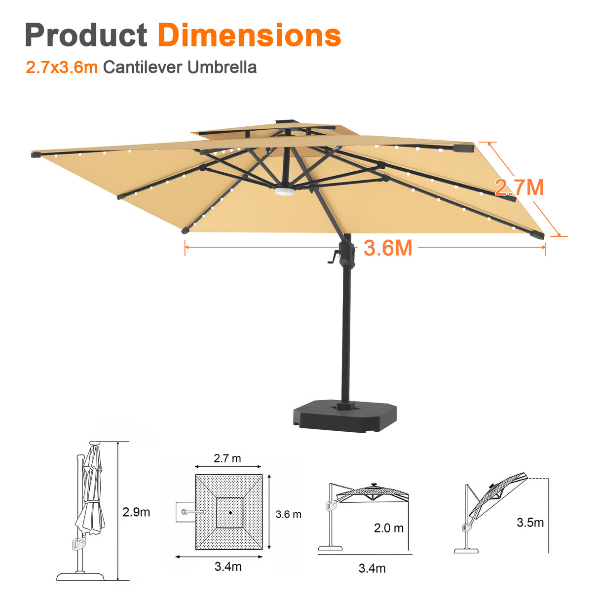 Patioslife Aegis Pro All-weather Cantilever Parasol with LED Lights, Reinforced & Powder-Coated Aluminium Ribs and Pole — Perfect for Garden & Patio