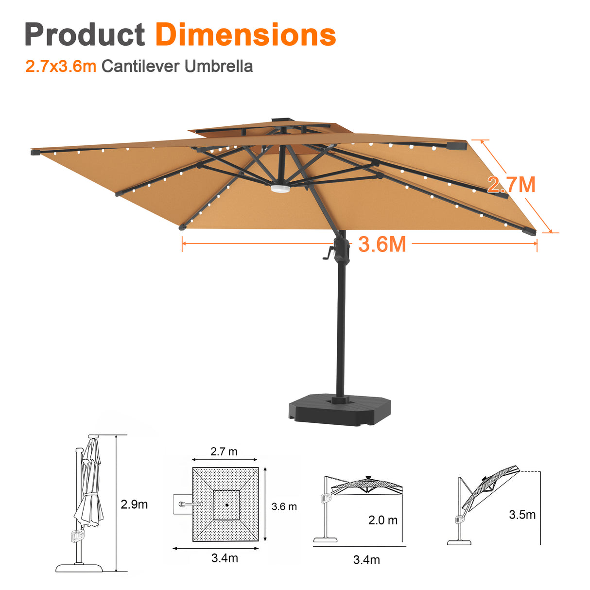 Patioslife Aegis Pro All-weather Cantilever Parasol with LED Lights, Reinforced & Powder-Coated Aluminium Ribs and Pole — Perfect for Garden & Patio