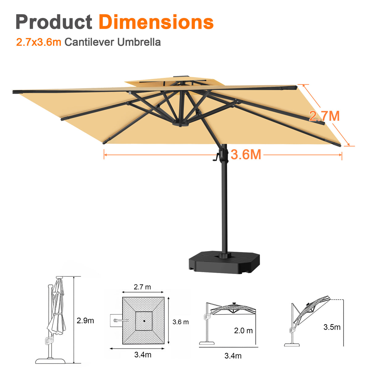 Patioslife Aegis Pro All-weather Cantilever Parasol , Reinforced & Powder-Coated Aluminium Ribs and Pole — Perfect for Garden & Patio