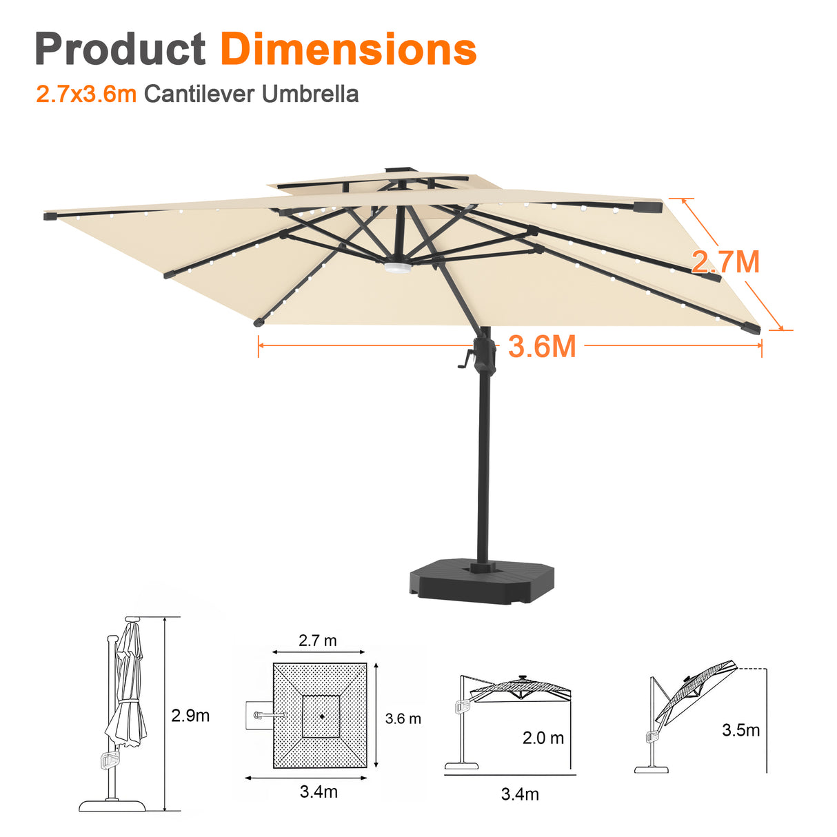 Patioslife Aegis Pro All-weather Cantilever Parasol with LED Lights, Reinforced & Powder-Coated Aluminium Ribs and Pole — Perfect for Garden & Patio