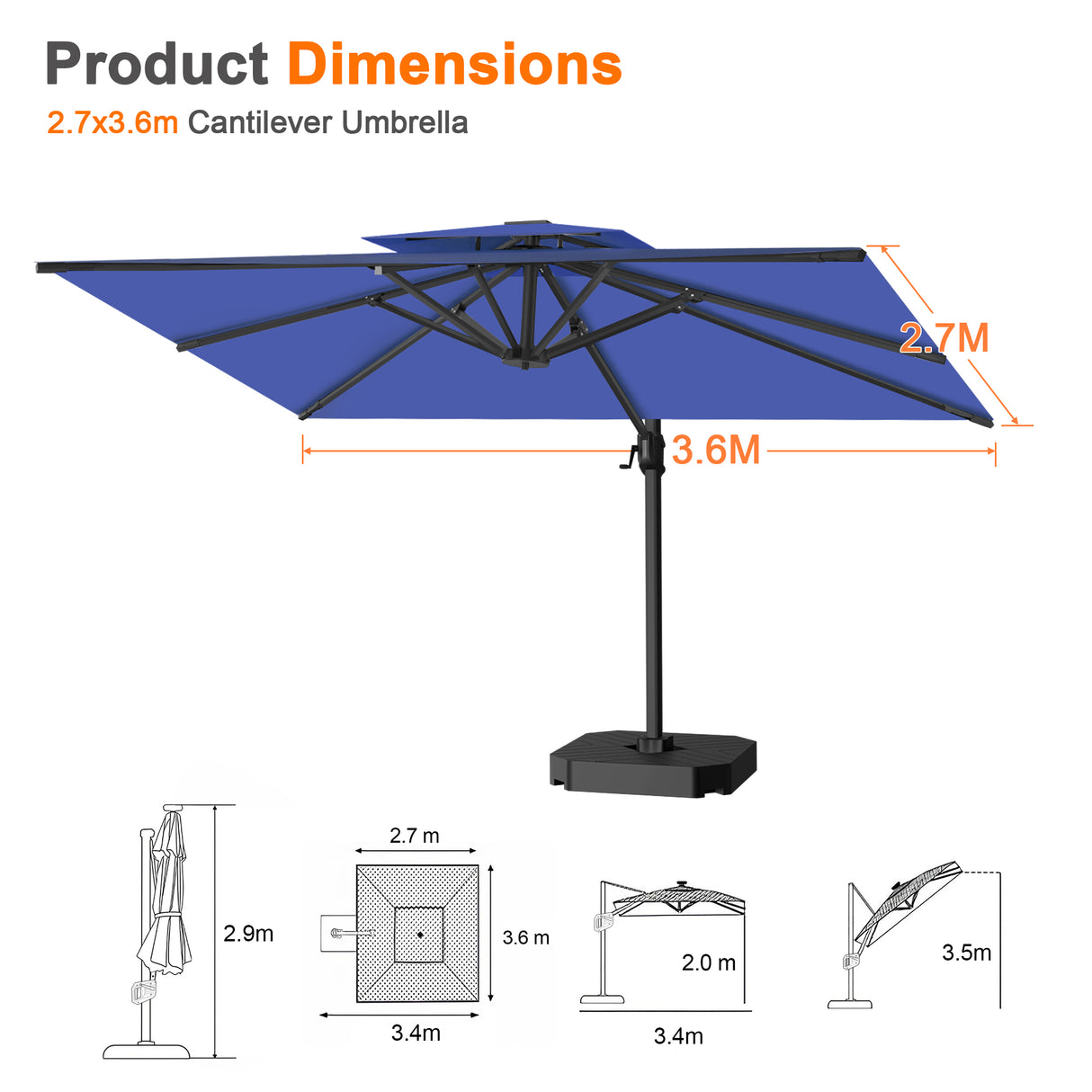 Patioslife Aegis Pro All-weather Cantilever Parasol , Reinforced & Powder-Coated Aluminium Ribs and Pole — Perfect for Garden & Patio