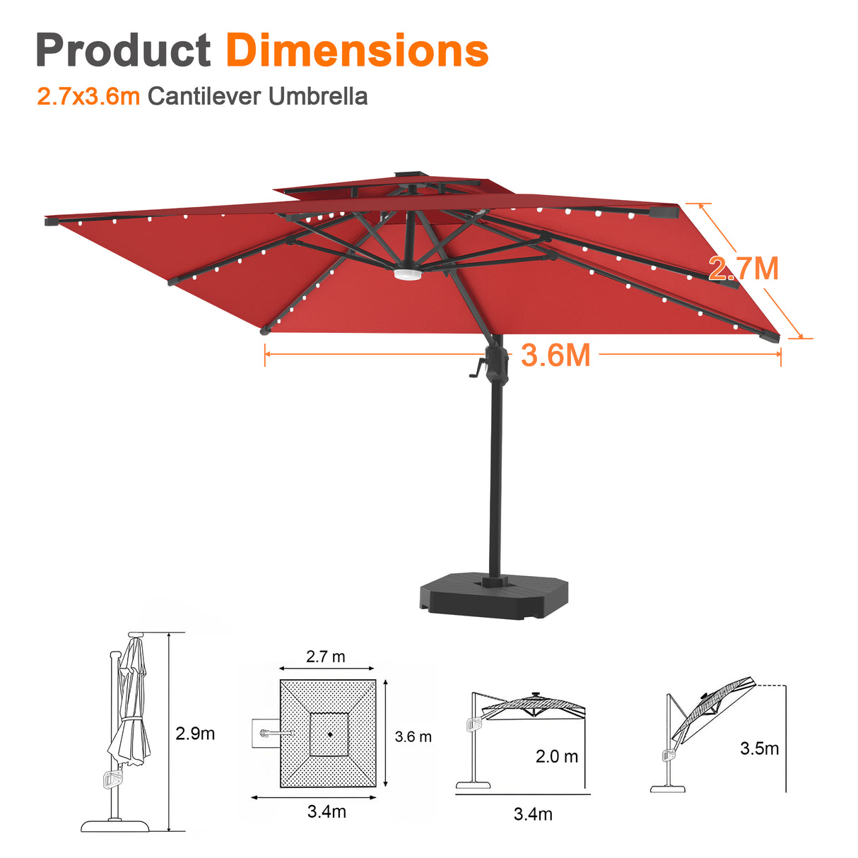 Patioslife Aegis Pro All-weather Cantilever Parasol with LED Lights, Reinforced & Powder-Coated Aluminium Ribs and Pole — Perfect for Garden & Patio