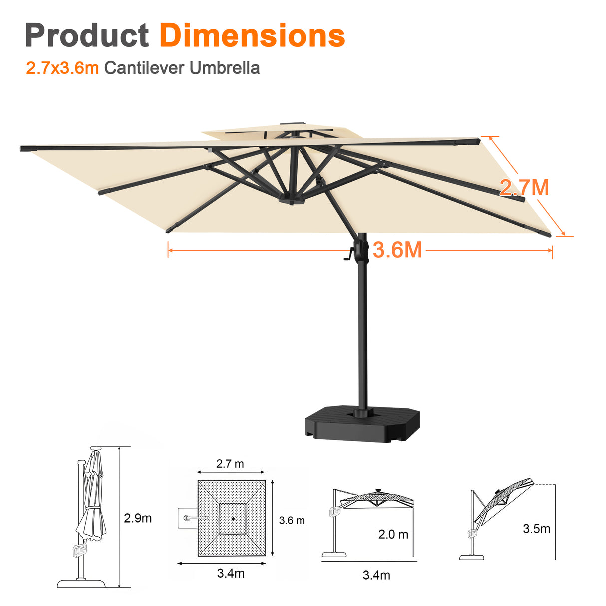 Patioslife Aegis Pro All-weather Cantilever Parasol , Reinforced & Powder-Coated Aluminium Ribs and Pole — Perfect for Garden & Patio
