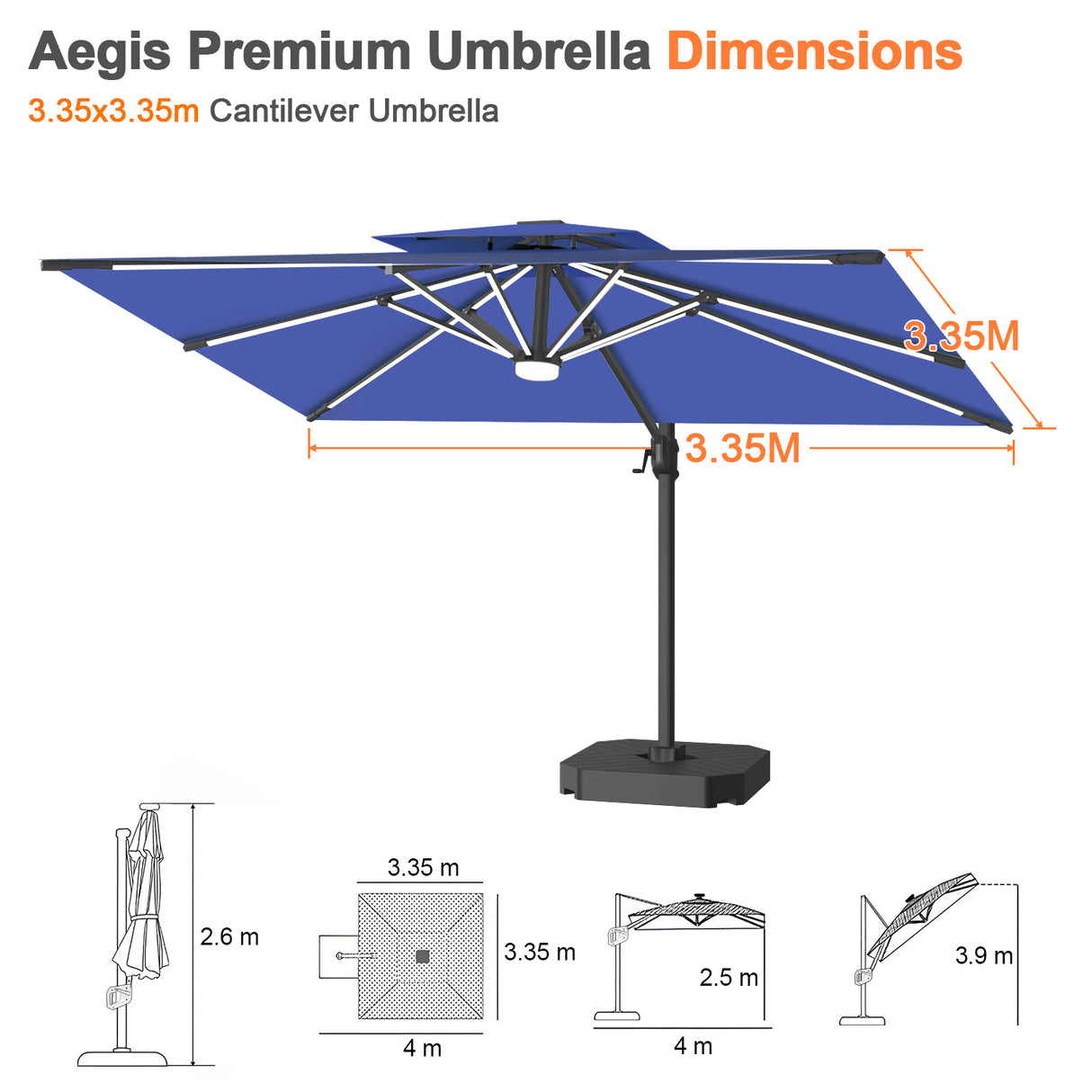 Patioslife Aegis Premium Cantilever Parasol with LED Strip Lights, Fibreglass Ribs & Powder-Coated Aluminium Pole — Luxury Garden & Patio Shade