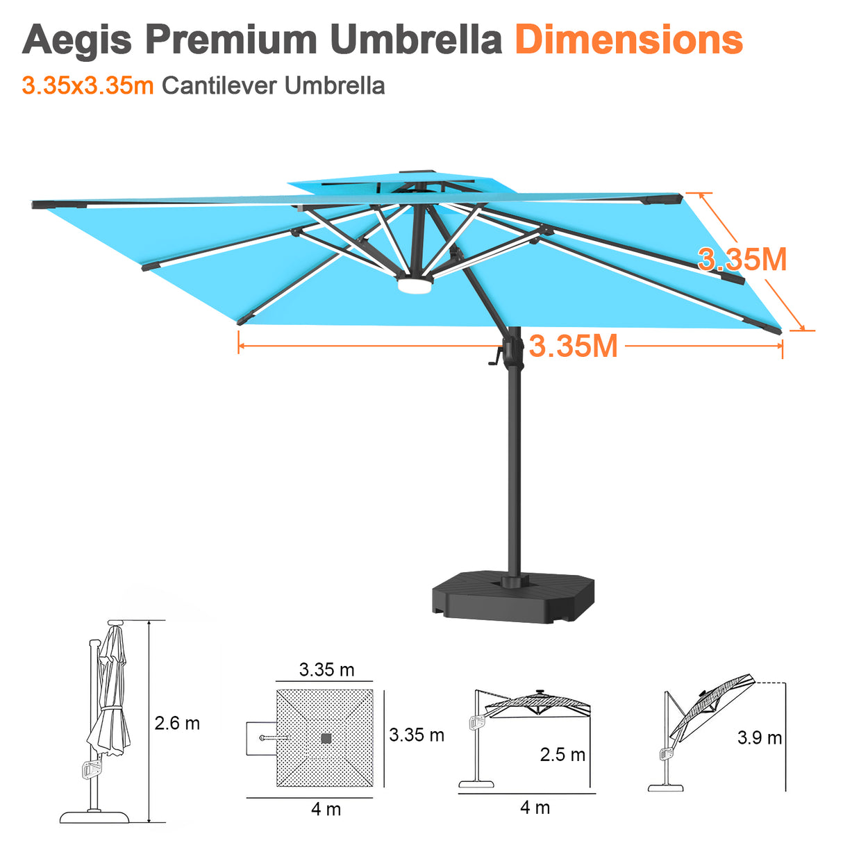 Patioslife Aegis Premium Cantilever Parasol with LED Strip Lights, Fibreglass Ribs & Powder-Coated Aluminium Pole — Luxury Garden & Patio Shade
