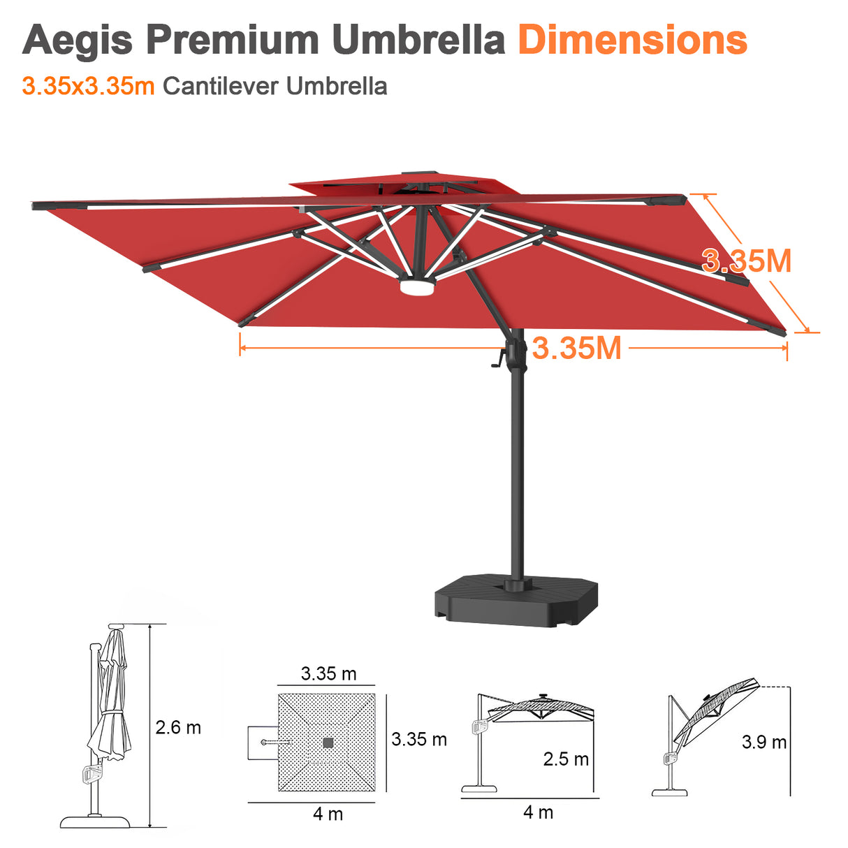 Patioslife Aegis Premium Cantilever Parasol with LED Strip Lights, Fibreglass Ribs & Powder-Coated Aluminium Pole — Luxury Garden & Patio Shade