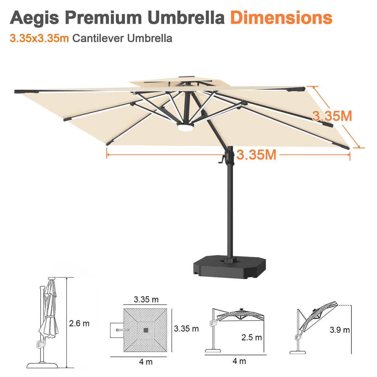 Patioslife Aegis Premium Cantilever Parasol with LED Strip Lights, Fibreglass Ribs & Powder-Coated Aluminium Pole — Luxury Garden & Patio Shade