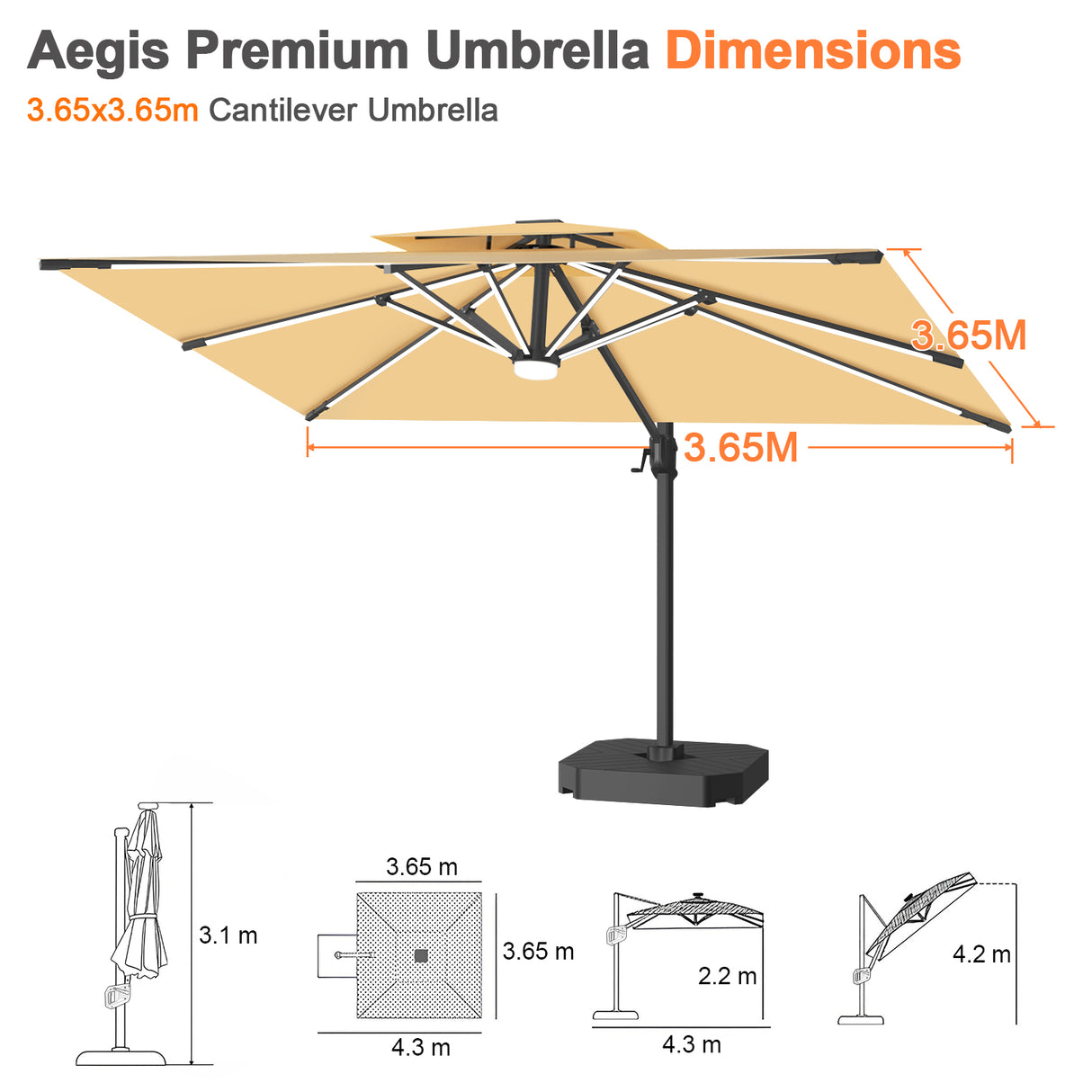 Patioslife Aegis Premium Cantilever Parasol with LED Strip Lights, Fibreglass Ribs & Powder-Coated Aluminium Pole — Luxury Garden & Patio Shade