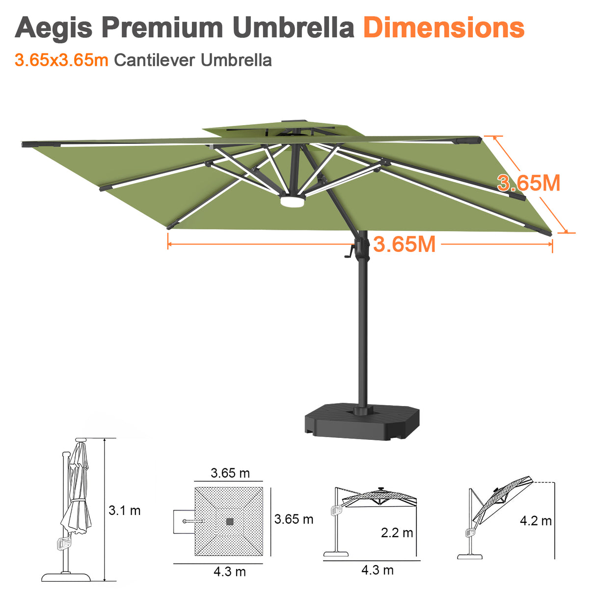 Patioslife Aegis Premium Cantilever Parasol with LED Strip Lights, Fibreglass Ribs & Powder-Coated Aluminium Pole — Luxury Garden & Patio Shade
