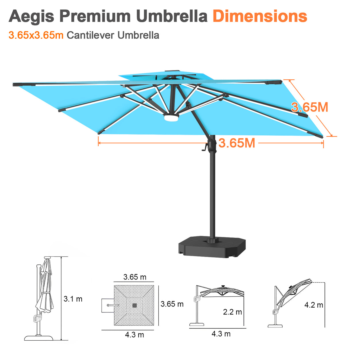 Patioslife Aegis Premium Cantilever Parasol with LED Strip Lights, Fibreglass Ribs & Powder-Coated Aluminium Pole — Luxury Garden & Patio Shade