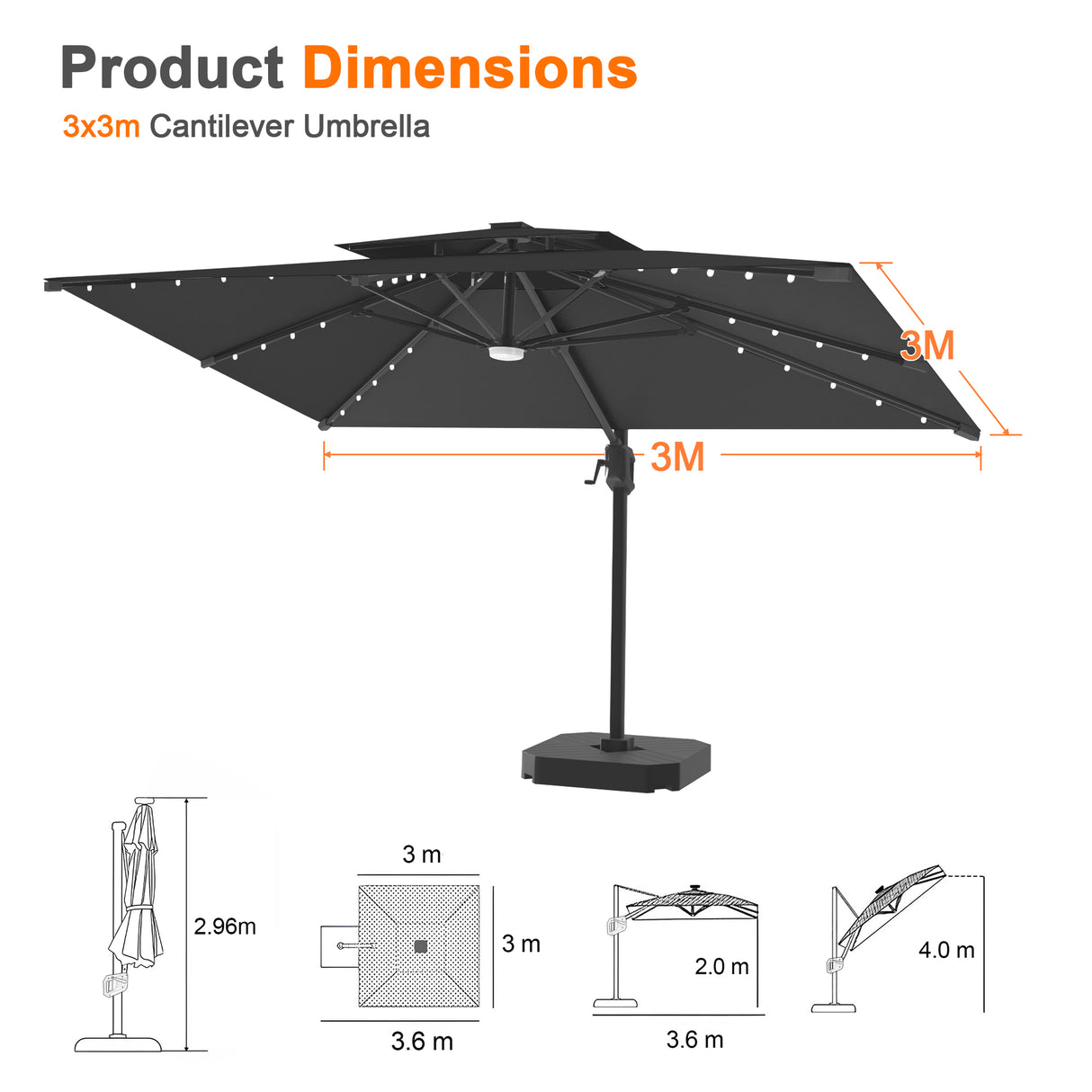 Patioslife Aegis Pro All-weather Cantilever Parasol with LED Lights, Reinforced & Powder-Coated Aluminium Ribs and Pole — Perfect for Garden & Patio