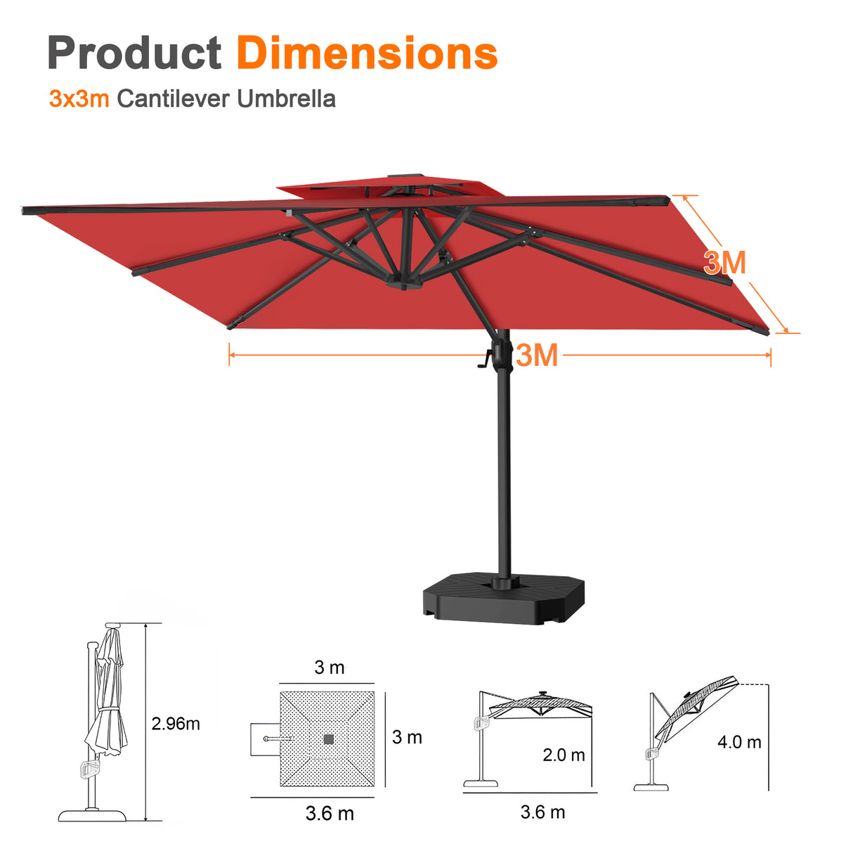 Patioslife Aegis Pro All-weather Cantilever Parasol , Reinforced & Powder-Coated Aluminium Ribs and Pole — Perfect for Garden & Patio