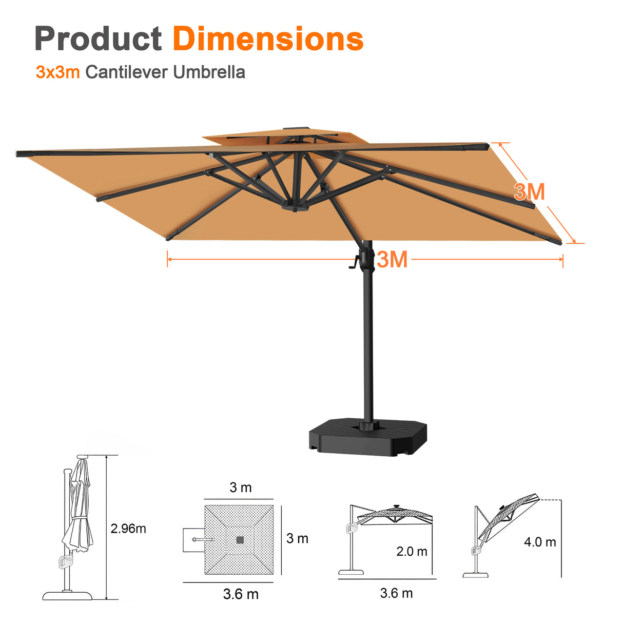 Patioslife Aegis Pro All-weather Cantilever Parasol , Reinforced & Powder-Coated Aluminium Ribs and Pole — Perfect for Garden & Patio
