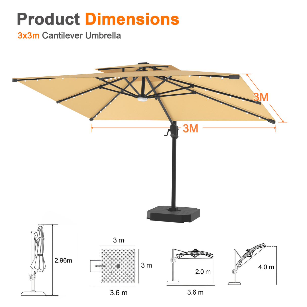 Patioslife Aegis Pro All-weather Cantilever Parasol with LED Lights, Reinforced & Powder-Coated Aluminium Ribs and Pole — Perfect for Garden & Patio
