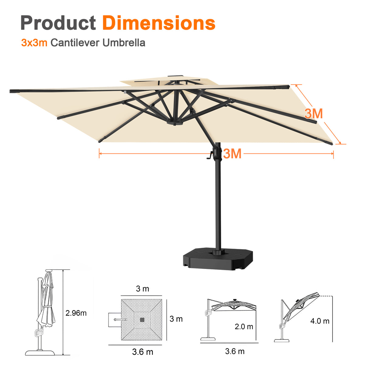 Patioslife Aegis Pro All-weather Cantilever Parasol , Reinforced & Powder-Coated Aluminium Ribs and Pole — Perfect for Garden & Patio