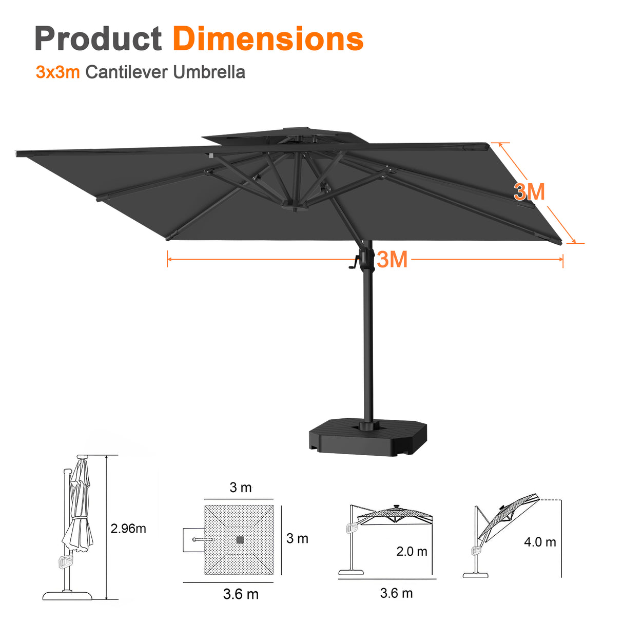 Patioslife Aegis Pro All-weather Cantilever Parasol , Reinforced & Powder-Coated Aluminium Ribs and Pole — Perfect for Garden & Patio