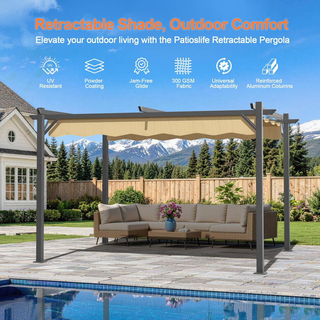 Patioslife Atlantic Retractable Pergola with Adjustable Canopy — Heavy-Duty Outdoor Shade Structure