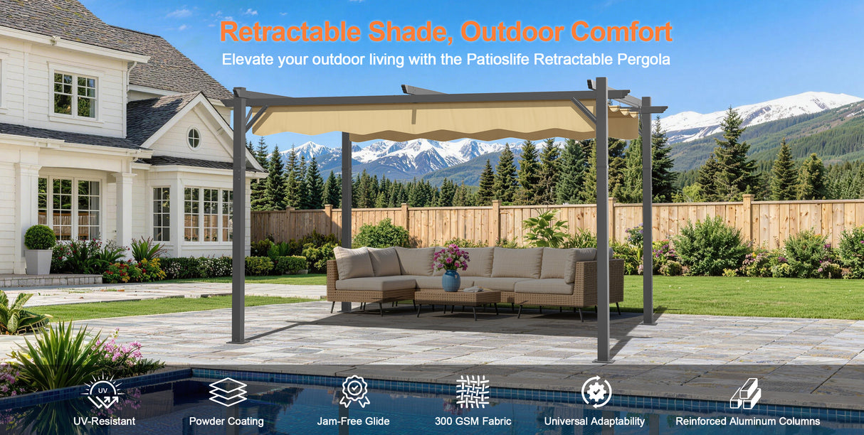 Patioslife Atlantic Retractable Pergola with Adjustable Canopy — Heavy-Duty Outdoor Shade Structure