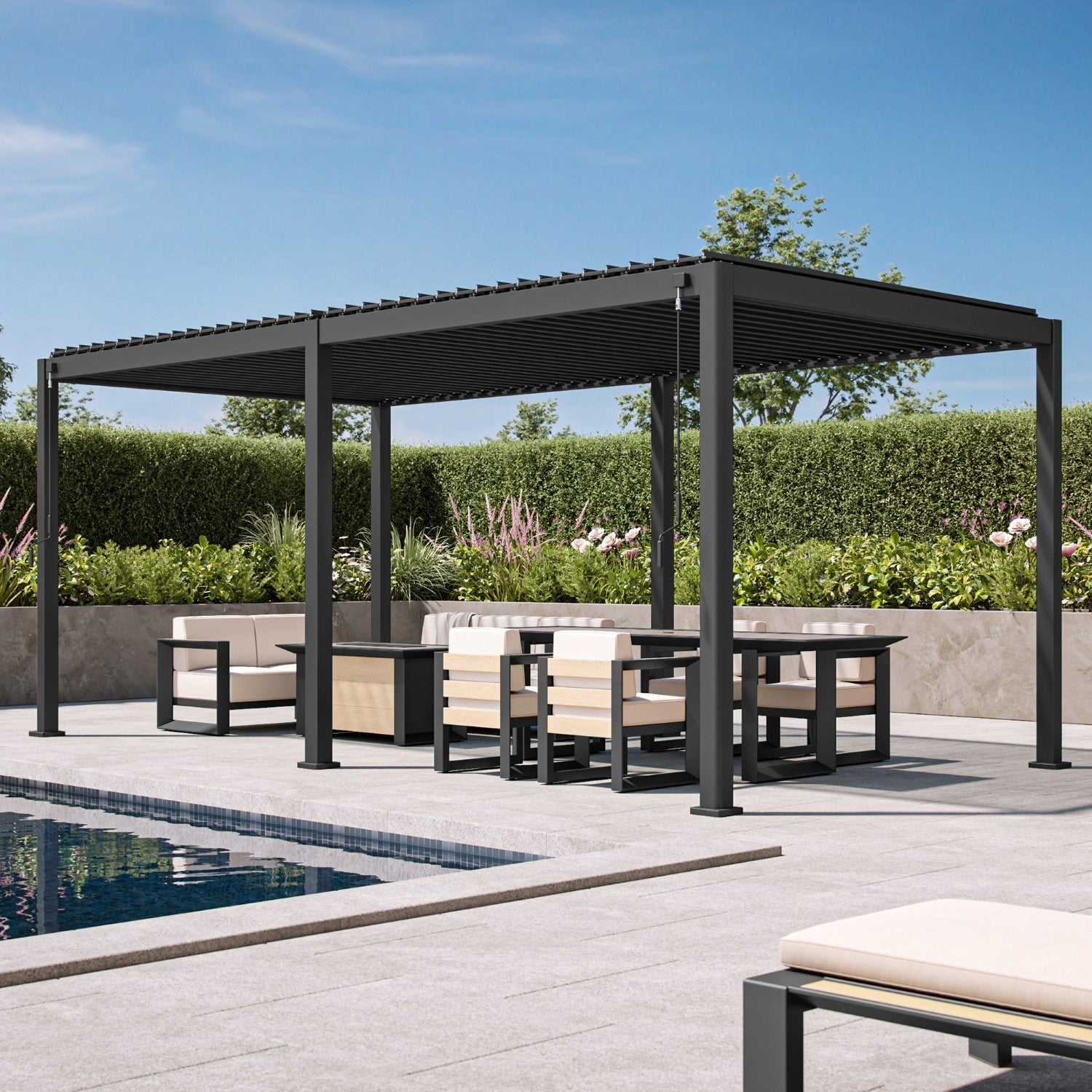 Patioslife Atlantic™，Louvered Pergola，Aluminium Frame，Adjustable Louvers，LED Lighting，3x6m，Contemporary Design，Outdoor Pavilion，Patio Shelter，Garden Pergola，Outdoor Entertaining，Weatherproof，Sunshade & Rain Protection，Modern Outdoor Furniture，Luxury Patio Structure，Architectural Design，Premium Outdoor Living
