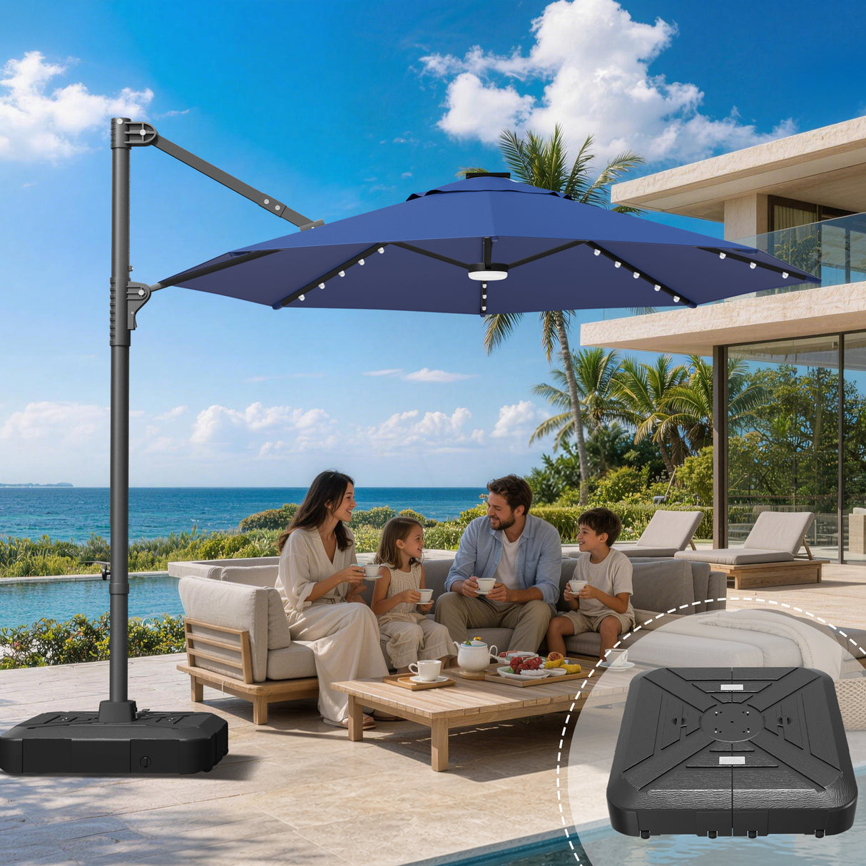 Patioslife Aegis Pro Round Cantilever Patio Umbrella with Solar LED Lights & Shade Protection