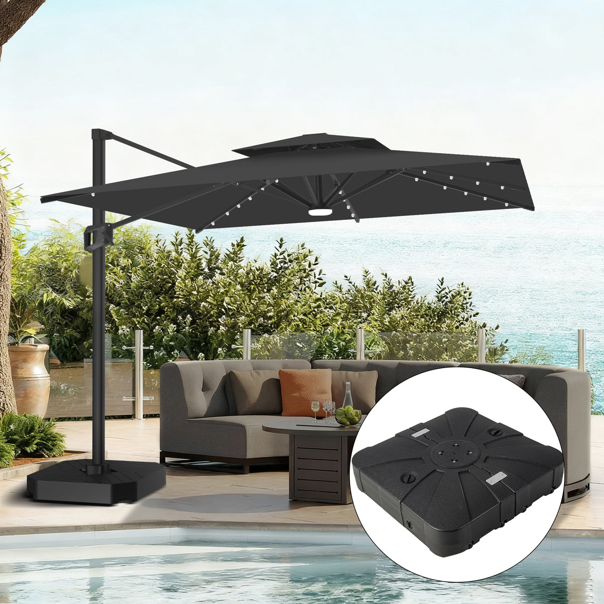 Patioslife Aegis Pro All-weather Cantilever Parasol with LED Lights, Reinforced & Powder-Coated Aluminium Ribs and Pole — Perfect for Garden & Patio
