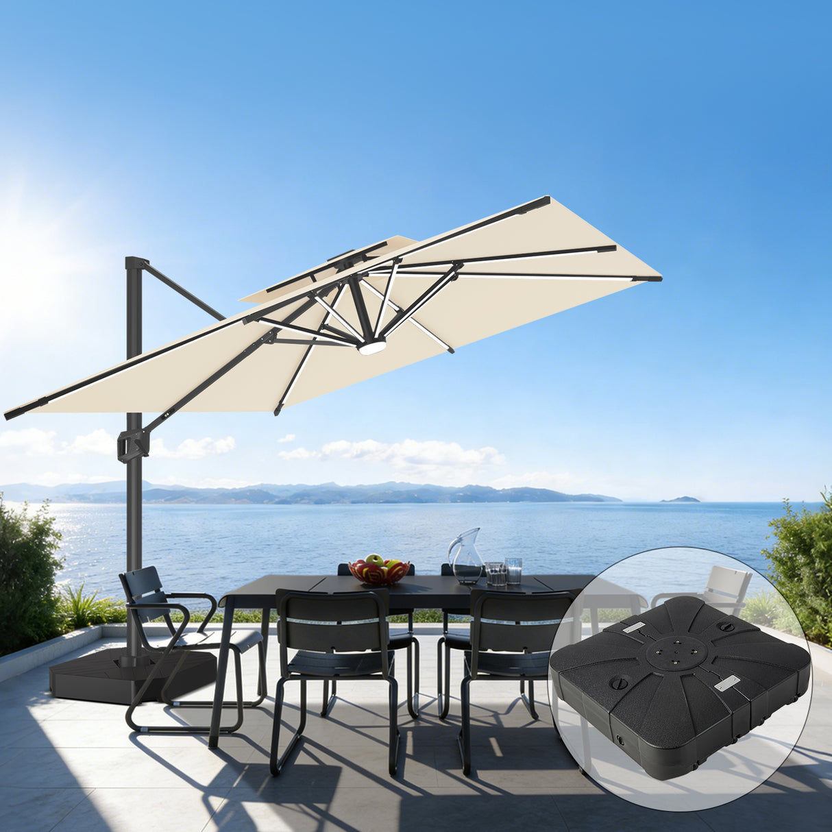 Patioslife Aegis Premium Cantilever Parasol with LED Strip Lights, Fibreglass Ribs & Powder-Coated Aluminium Pole — Luxury Garden & Patio Shade