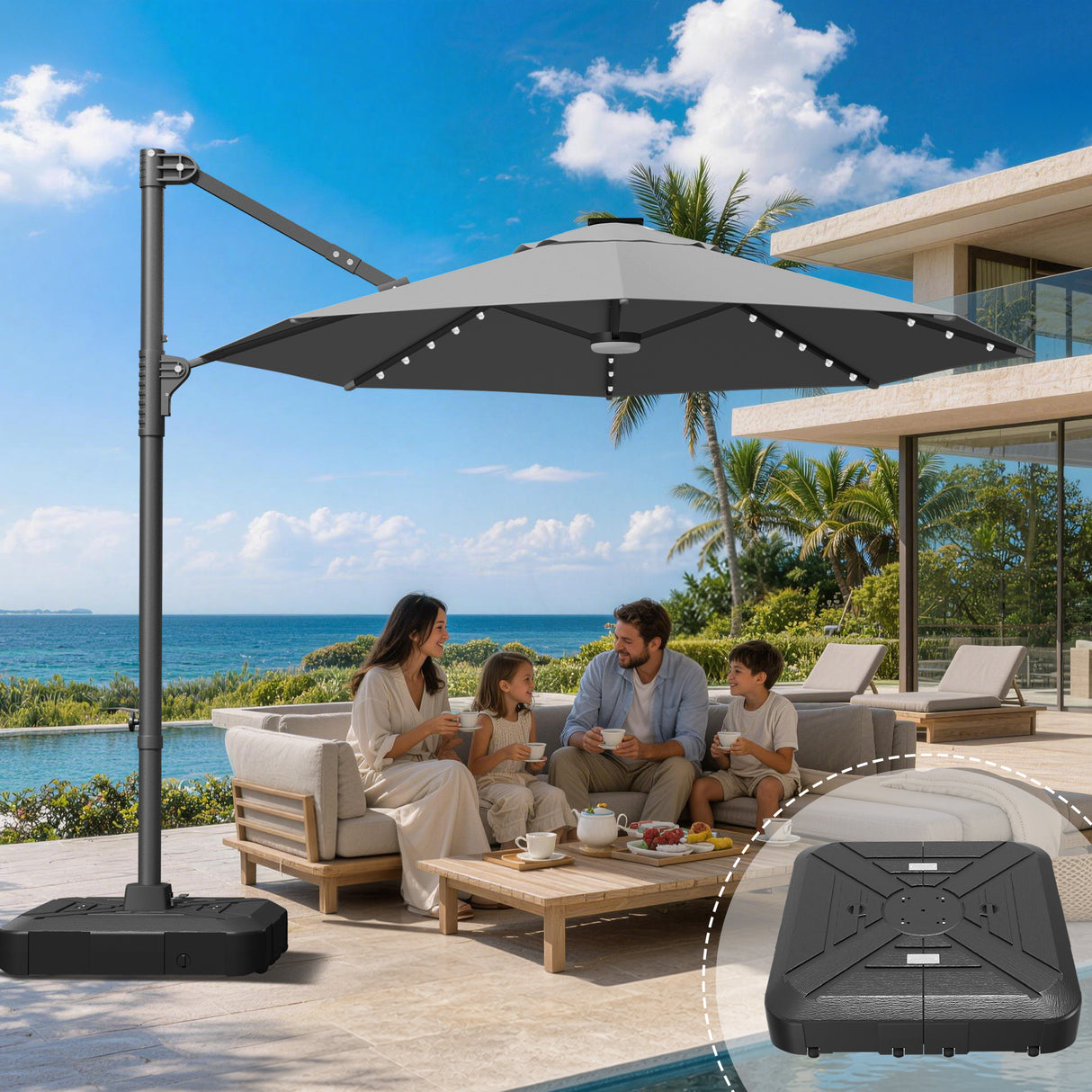 Patioslife Aegis Pro Round Cantilever Patio Umbrella with Solar LED Lights & Shade Protection