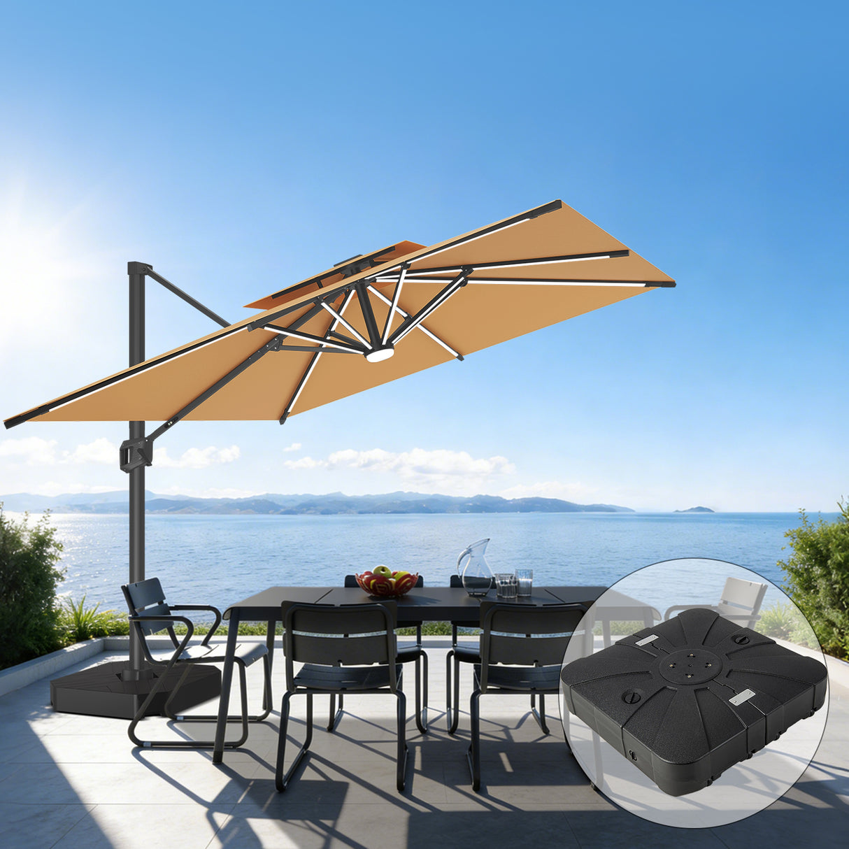 Patioslife Aegis Premium Cantilever Parasol with LED Strip Lights, Fibreglass Ribs & Powder-Coated Aluminium Pole — Luxury Garden & Patio Shade