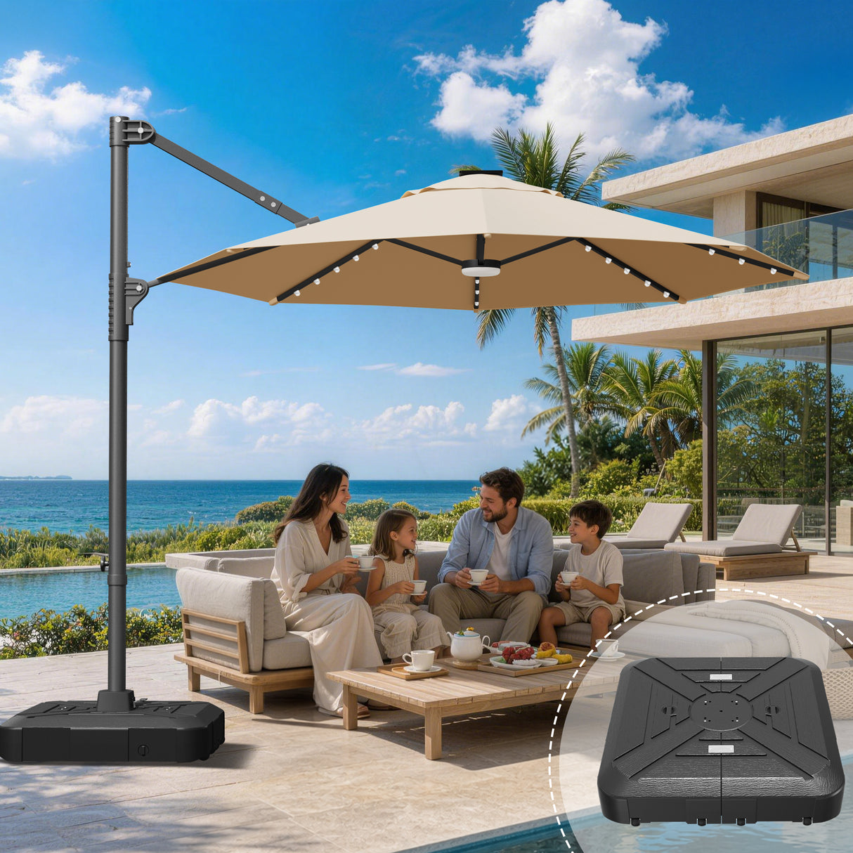 Patioslife Aegis Pro Round Cantilever Patio Umbrella with Solar LED Lights & Shade Protection