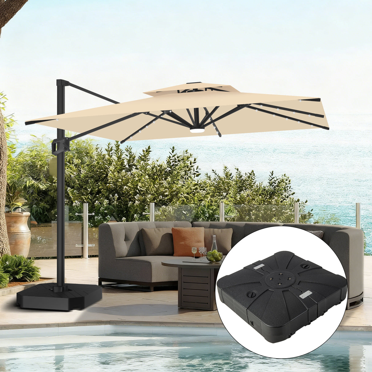 Patioslife Aegis Pro All-weather Cantilever Parasol with LED Lights, Reinforced & Powder-Coated Aluminium Ribs and Pole — Perfect for Garden & Patio