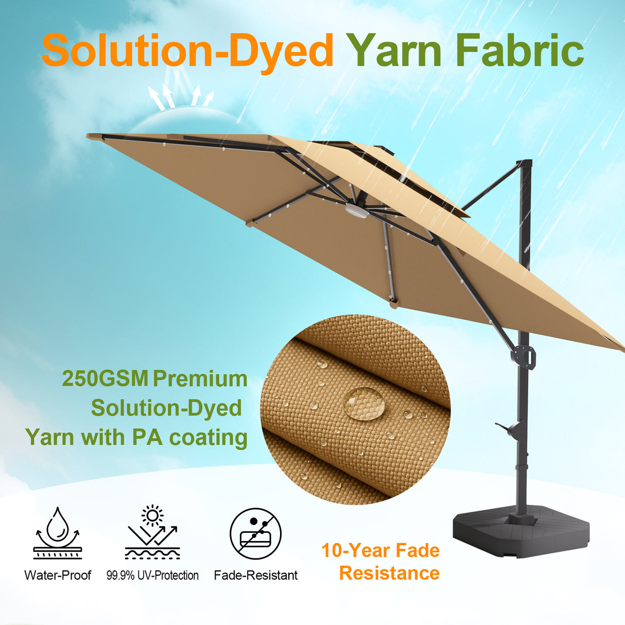 Patioslife Aegis Pro™ Cantilever Parasol with LED Lights, Reinforced & Powder-Coated Aluminium Ribs and Pole — Perfect for Garden & Patio