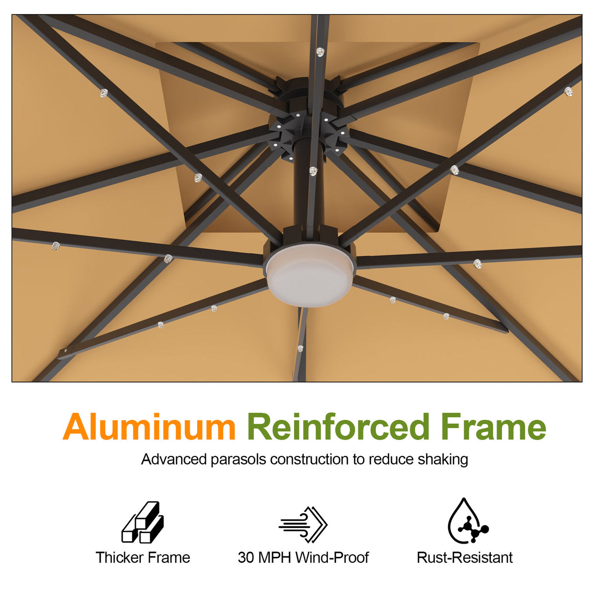 Patioslife Aegis Pro™ Cantilever Parasol with LED Lights, Fibreglass Ribs & Powder-Coated Aluminium Pole — Perfect for Garden & Patio
