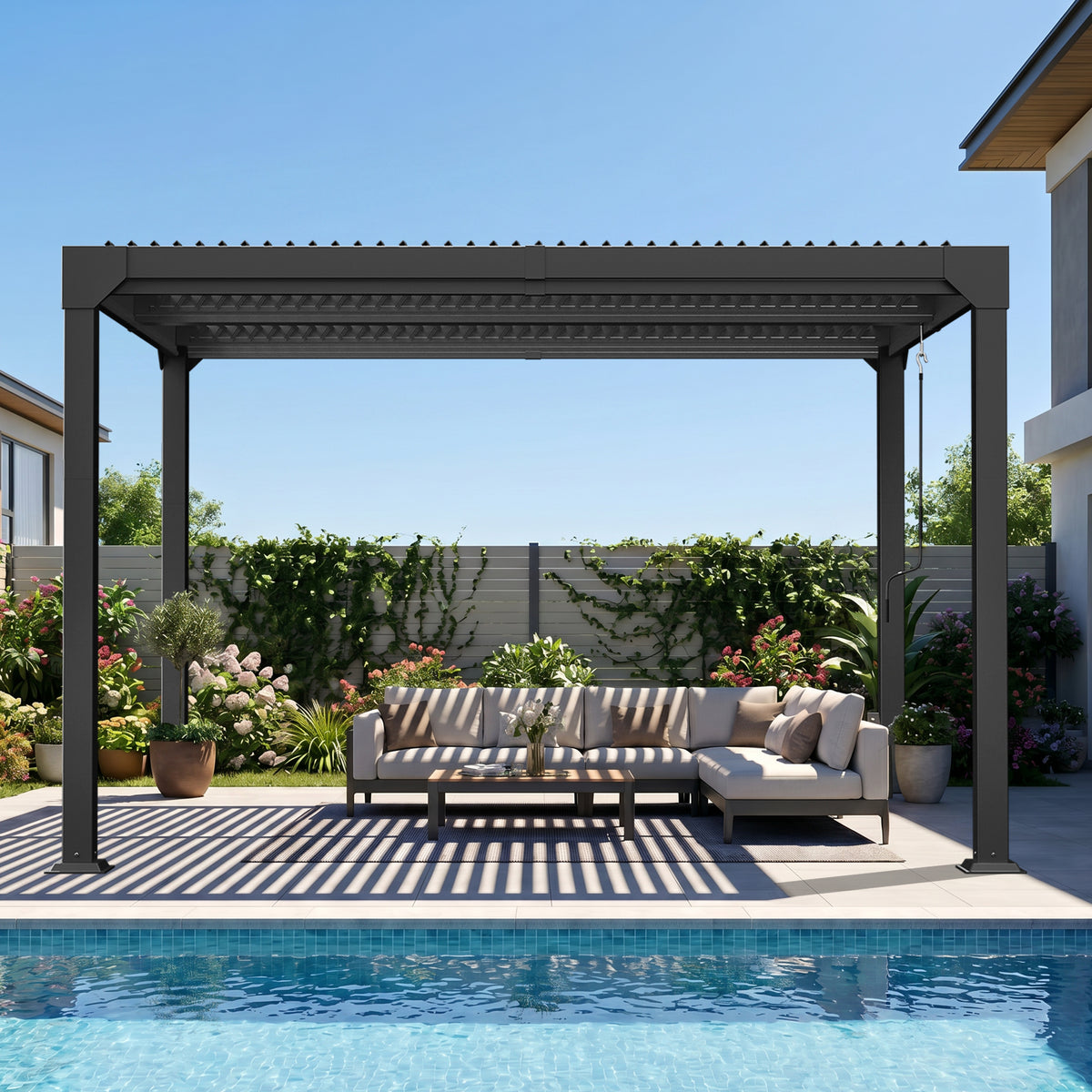 Patioslife Atlantic Premium Louvered Pergola with Adjustable Roof Panels, Integrated Gutter System & Freestanding All-Weather Outdoor Shelter for Patio, Deck & Poolside