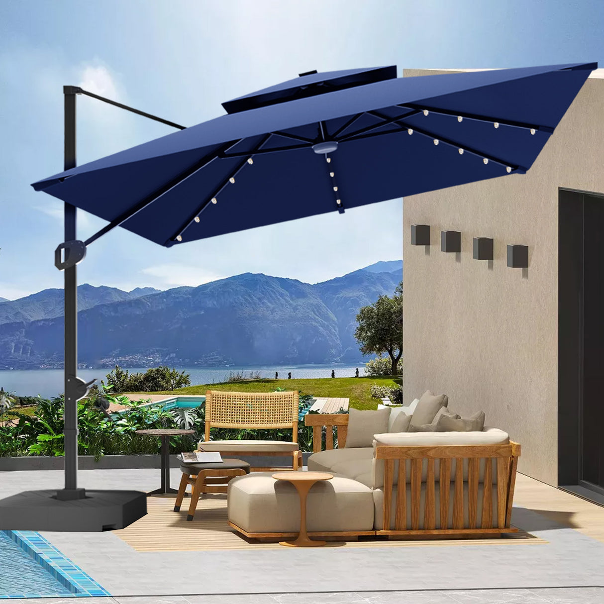 Patioslife Aegis Pro™ Cantilever Parasol with LED Lights, Fibreglass Ribs & Powder-Coated Aluminium Pole — Perfect for Garden & Patio