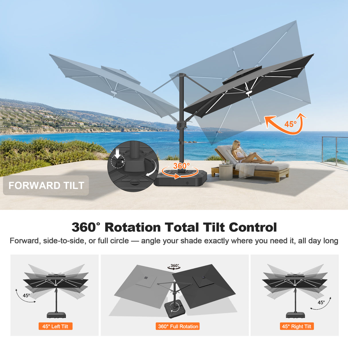 Patioslife Aegis Signature Series Rotating Cantilever Patio Umbrella with Adjustable Tilt for Garden & Poolside