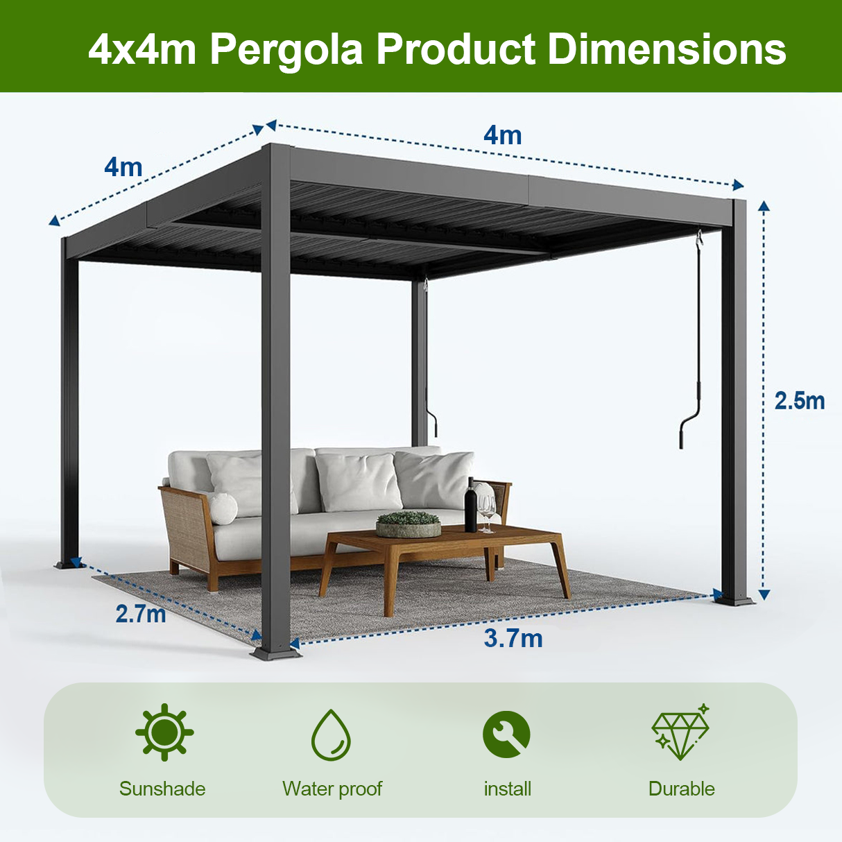 Patioslife Atlantic™ | Aluminium Louvered Pergola with Adjustable Roof & Built-In LED Lights, Freestanding All-Weather Shelter for Deck, Patio & Poolside