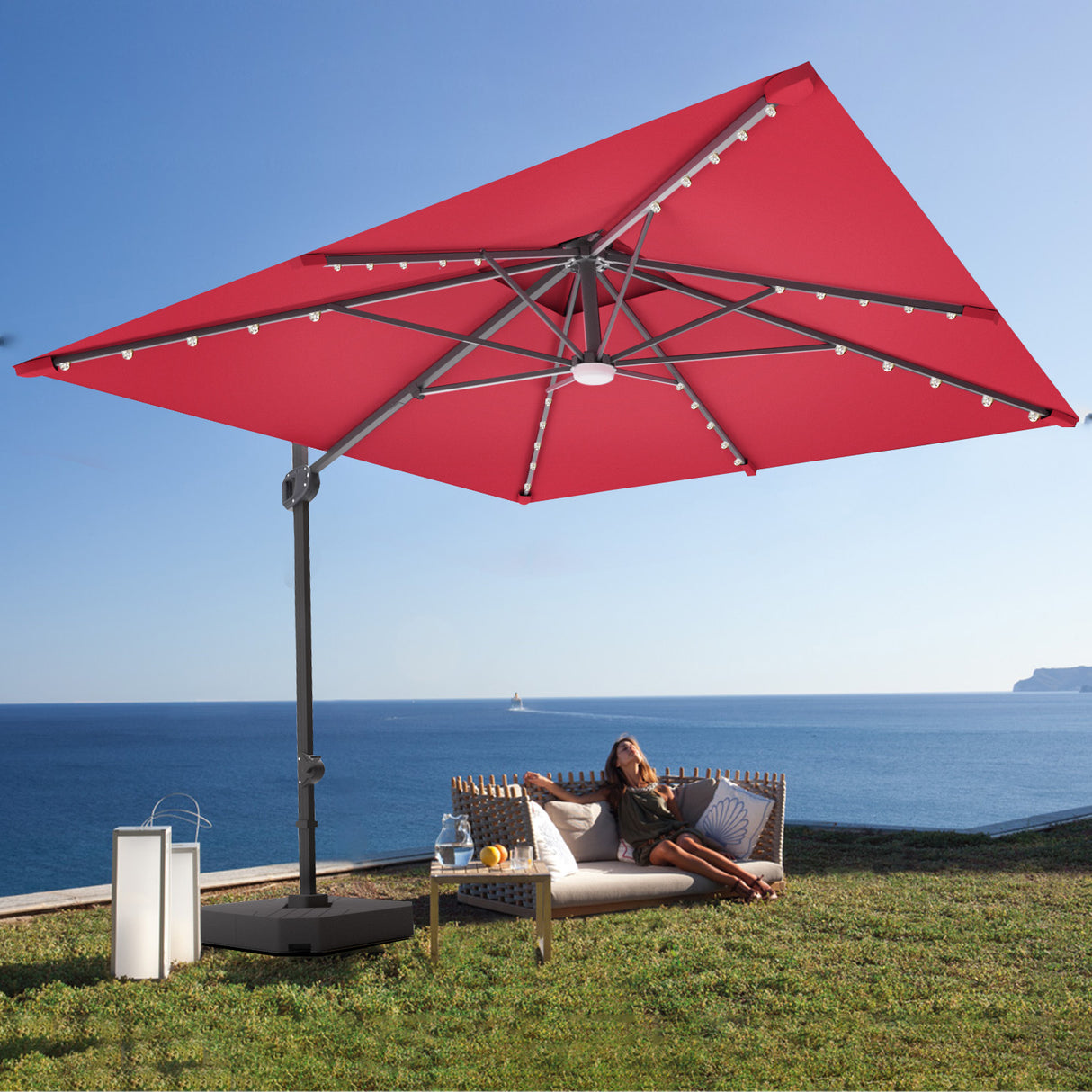 Patioslife Aegis Pro™ Cantilever Parasol with LED Lights, Fibreglass Ribs & Powder-Coated Aluminium Pole — Perfect for Garden & Patio