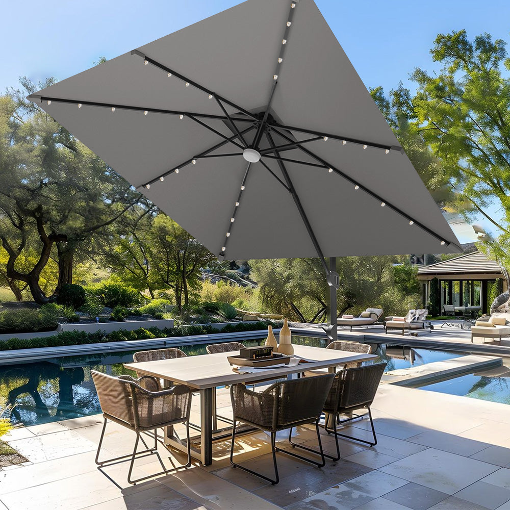 Patioslife Aegis Pro™ Cantilever Parasol with LED Lights, Fibreglass Ribs & Powder-Coated Aluminium Pole — Perfect for Garden & Patio