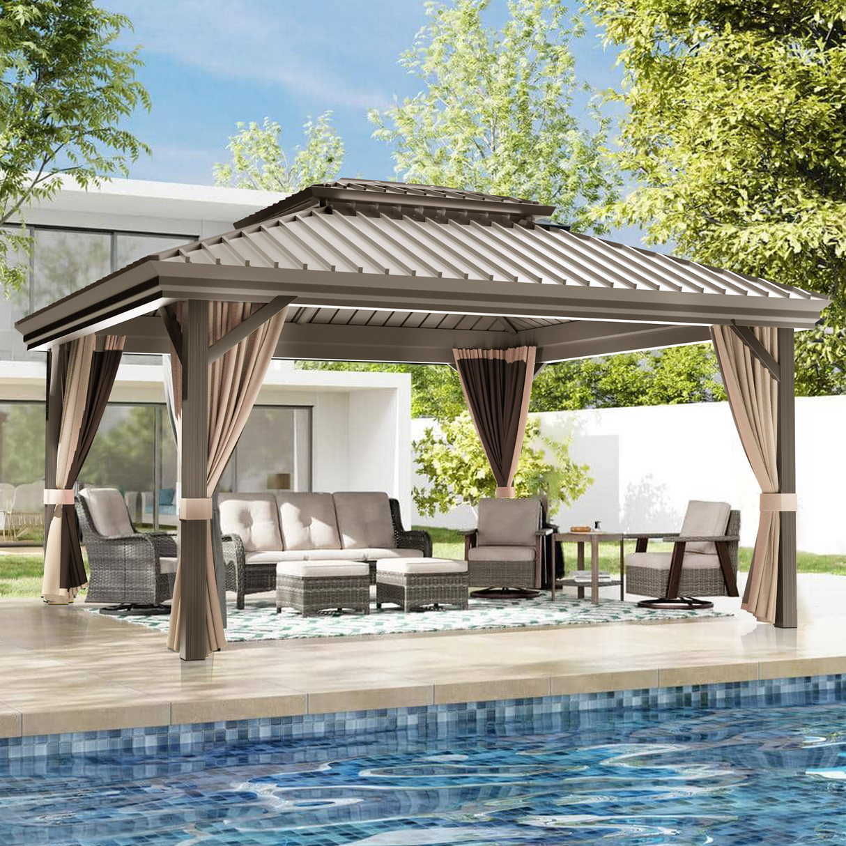 Patioslife Haven Hardtop Gazebo – Heavy-Duty Aluminium Frame, Double-Vented Roof & Curtains, Patio Pergola for Garden or Backyard