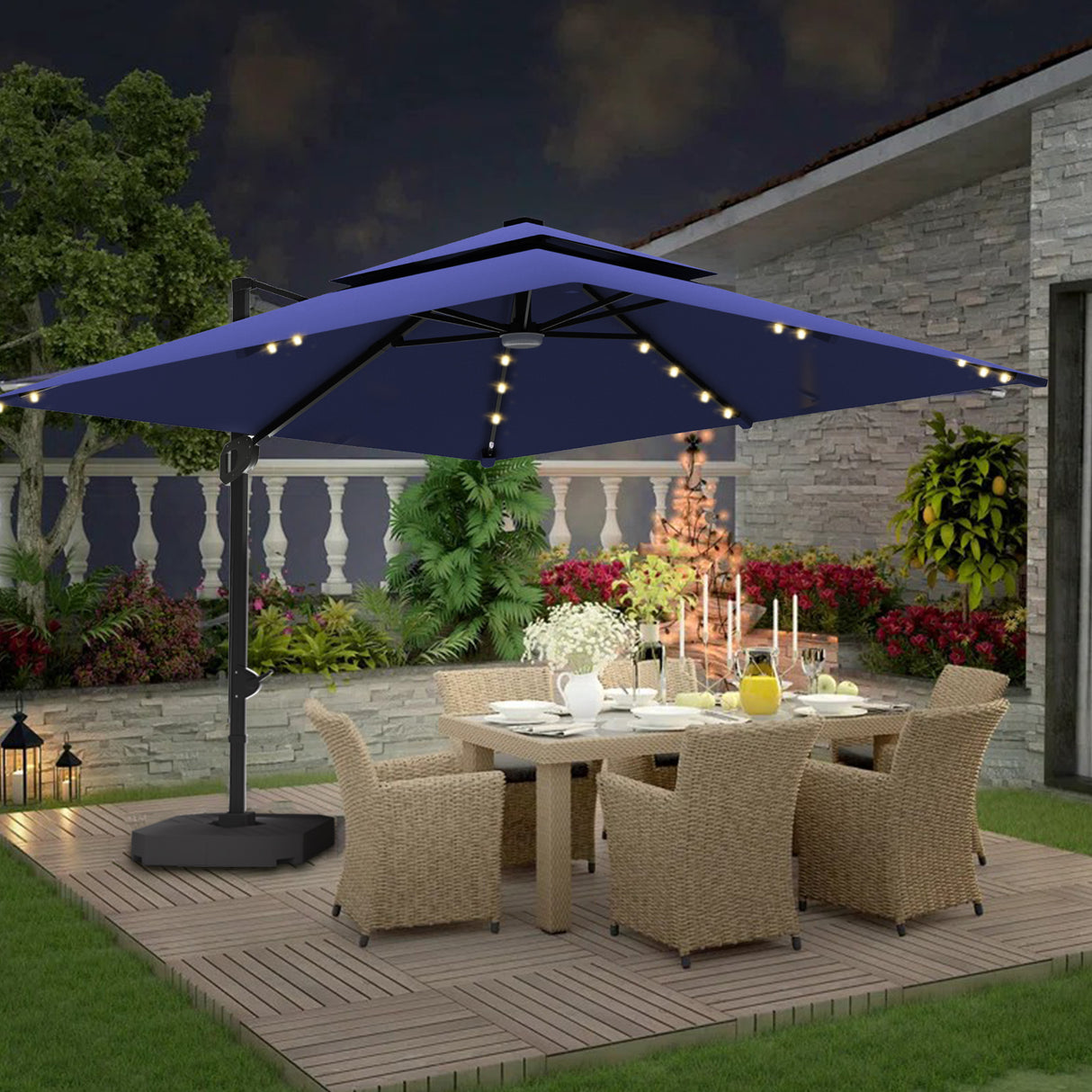 Patioslife Aegis Pro™ Cantilever Parasol with LED Lights, Fibreglass Ribs & Powder-Coated Aluminium Pole — Perfect for Garden & Patio