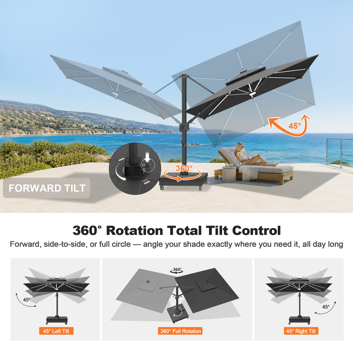 Patioslife Aegis Signature Series Rotating Cantilever Patio Umbrella with Adjustable Tilt for Garden & Poolside