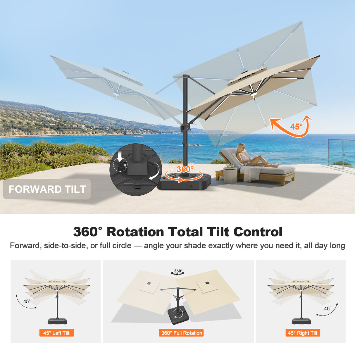 Patioslife Aegis Signature Series Rotating Cantilever Patio Umbrella with Adjustable Tilt for Garden & Poolside